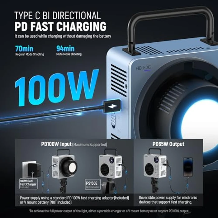 NEEWER 80W RGBWW LED Video Light with 72Wh Battery, 100W PD Fast Charger, APP/2.4G Control, 10400lux/m 2500K-7500K, Mini RGB Bowens Mount Studio Photography Recording Continuous Output Lighting, HB80C by NEEWER - Image 4