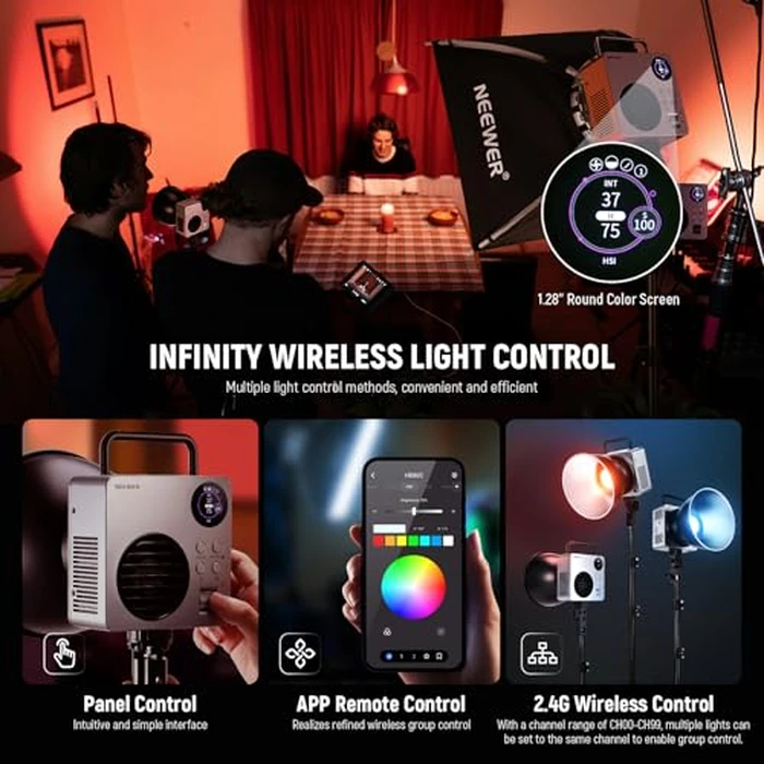 NEEWER 80W RGBWW LED Video Light with 72Wh Battery, 100W PD Fast Charger, APP/2.4G Control, 10400lux/m 2500K-7500K, Mini RGB Bowens Mount Studio Photography Recording Continuous Output Lighting, HB80C by NEEWER - Image 6
