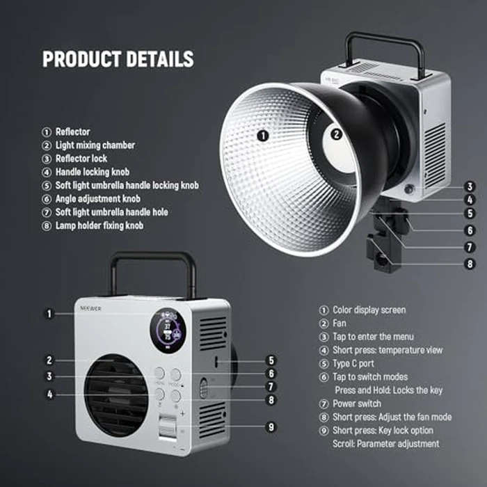 NEEWER 80W RGBWW LED Video Light with 72Wh Battery, 100W PD Fast Charger, APP/2.4G Control, 10400lux/m 2500K-7500K, Mini RGB Bowens Mount Studio Photography Recording Continuous Output Lighting, HB80C by NEEWER - Image 8