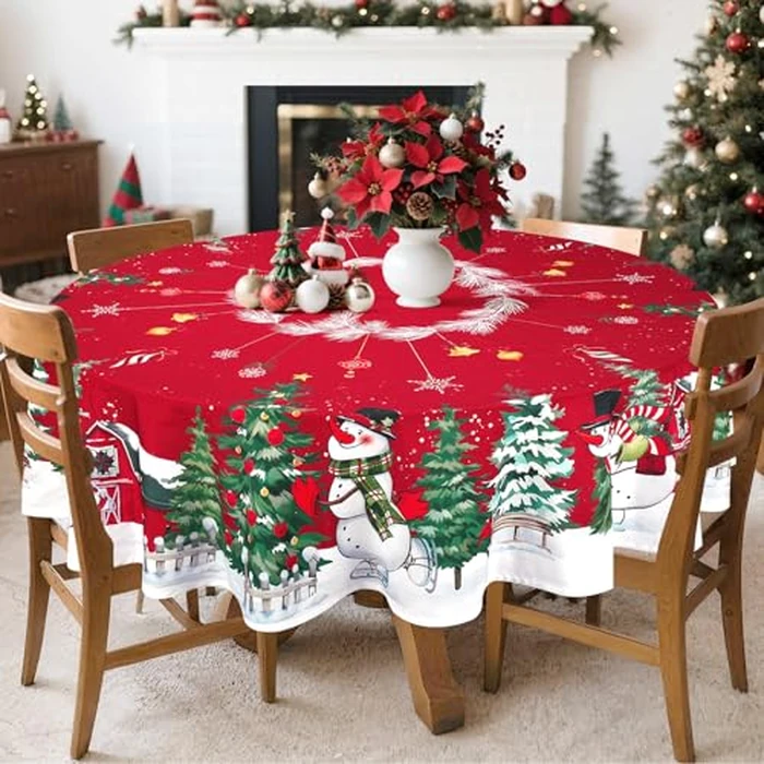 Arquiel Christmas Snowman Tablecloth Waterproof, Tree Farmhouse Table Cloth Round, Washable Table Cover for Christmas Party Home Kitchen Decoration (70 Inch, Round) by Arquiel - Used - Very Good condition - CA$12.82