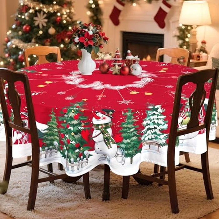 Arquiel Christmas Snowman Tablecloth Waterproof, Tree Farmhouse Table Cloth Round, Washable Table Cover for Christmas Party Home Kitchen Decoration (70 Inch, Round) by Arquiel - Image 2