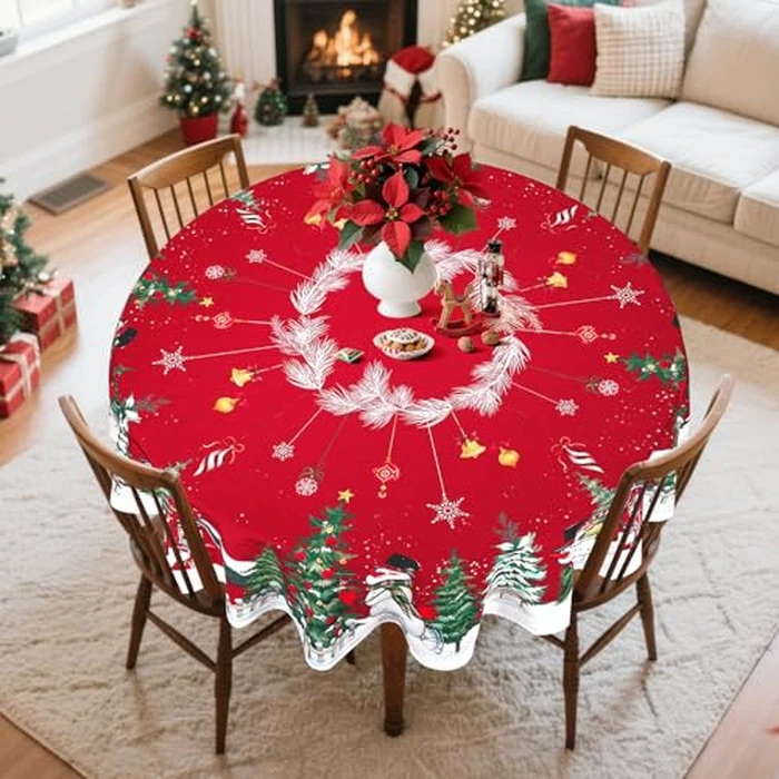 Arquiel Christmas Snowman Tablecloth Waterproof, Tree Farmhouse Table Cloth Round, Washable Table Cover for Christmas Party Home Kitchen Decoration (70 Inch, Round) by Arquiel - Image 4