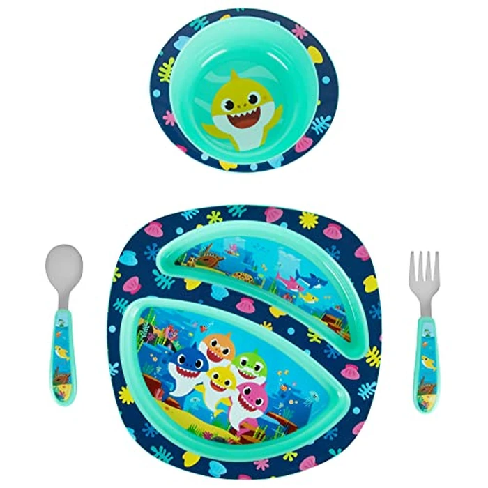 First Years Baby Shark Toddler Dinnerware Set - Includes Plate, Bowl, Fork and Spoon - 4 Count, Blue by The First Years - Image 1