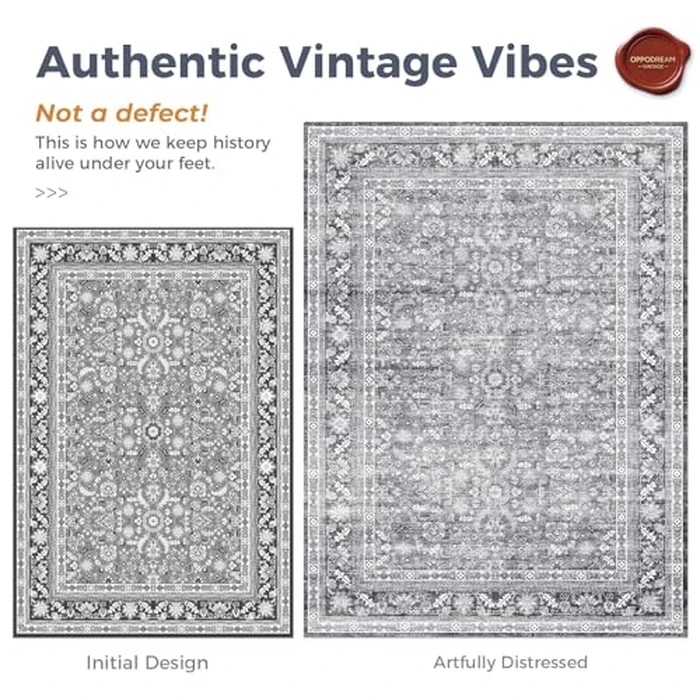 OPPODREAM Vintage Grey Area Rugs 6x9, 6 x 9 Retro Washable Rug Non Slip, Low-Pile Faux Wool Carpet, Distressed Gray Floor Mat for Living Room, Bedroom, Kitchen, Office, Dorm, Dinning Room by OPPODREAM - Image 3