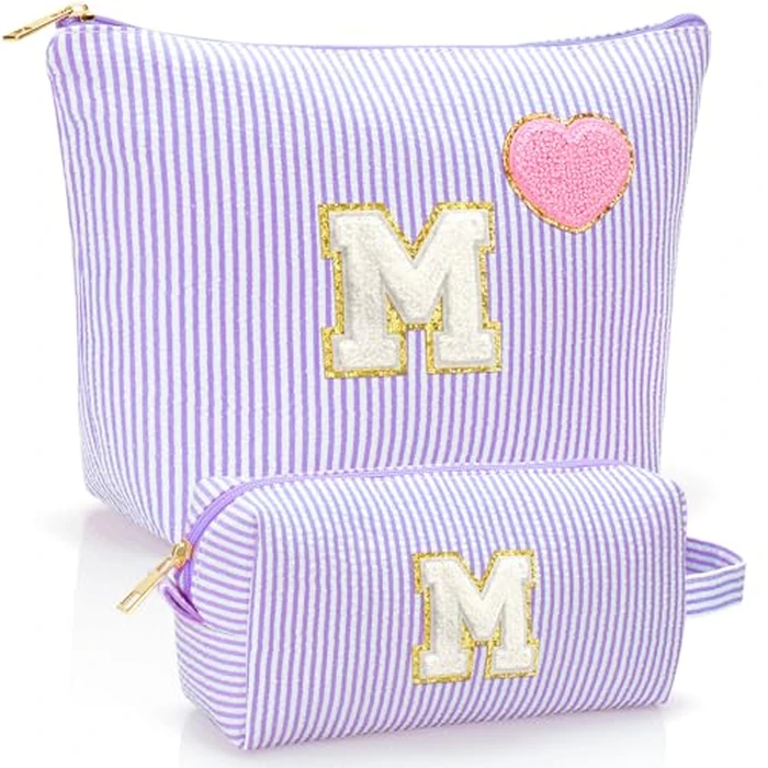 YILANCOL Initial Makeup Bag Personalized Preppy Cosmetic Bag Trendy Toiletry Travel Bag For Teen Girls Kids Women Letter Makeup Pouch Purse Holiday Gifts Birthday Gifts 2pack (M, Purple) by YILANCOL - Used - Like New condition