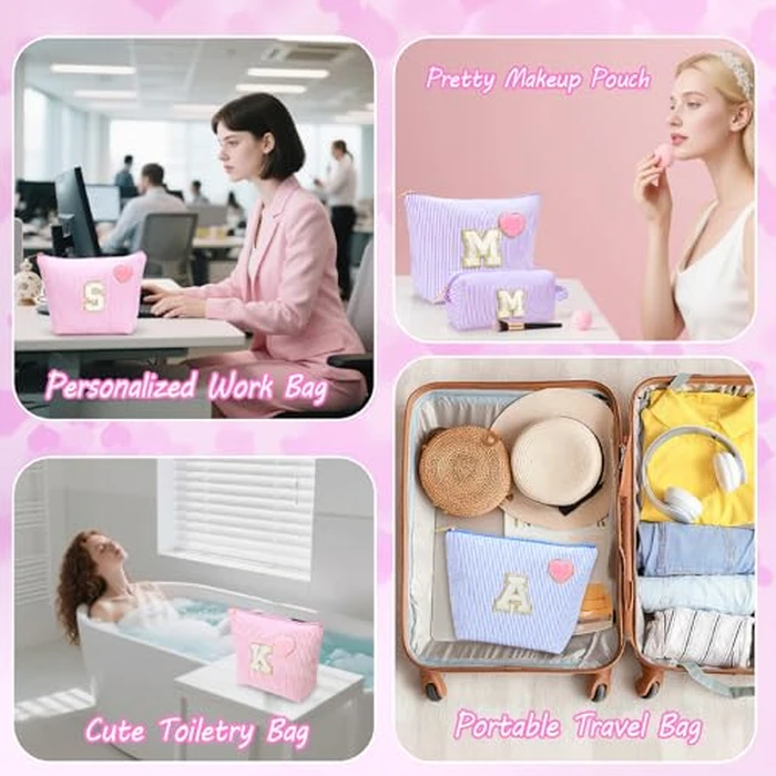 YILANCOL Initial Makeup Bag Personalized Preppy Cosmetic Bag Trendy Toiletry Travel Bag For Teen Girls Kids Women Letter Makeup Pouch Purse Holiday Gifts Birthday Gifts 2pack (M, Purple) by YILANCOL - Image 7