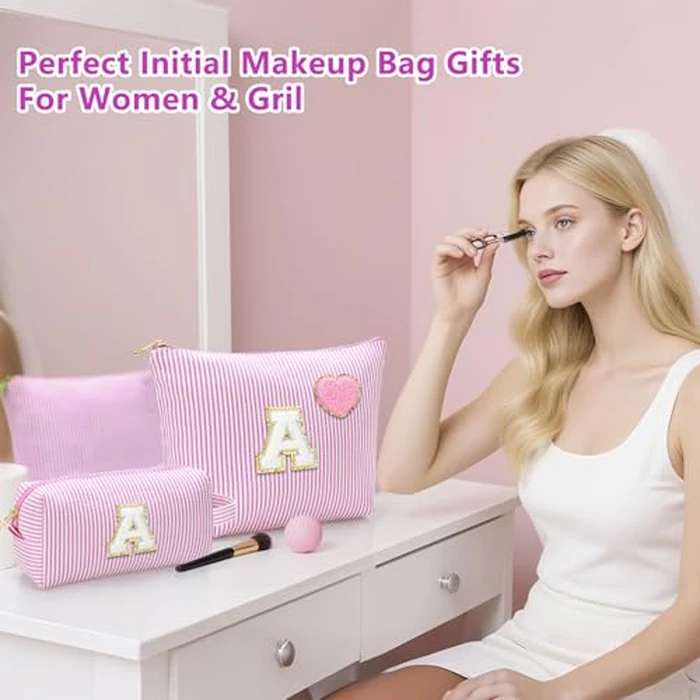 YILANCOL Initial Makeup Bag Personalized Preppy Cosmetic Bag Trendy Toiletry Travel Bag For Teen Girls Kids Women Letter Makeup Pouch Purse Holiday Gifts Birthday Gifts 2pack (M, Purple) by YILANCOL - Image 8