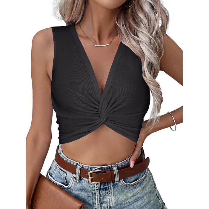 Vrtige Women's V Neck Twist Front Sleeveless Ribbed Knit Sexy Tank Crop Top Dark Grey X-Small by Vrtige - Image 1