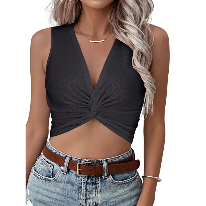 Vrtige Women's V Neck Twist Front Sleeveless Ribbed Knit Sexy Tank Crop Top Dark Grey X-Small by Vrtige - Image 3