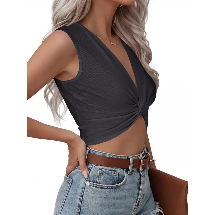 Vrtige Women's V Neck Twist Front Sleeveless Ribbed Knit Sexy Tank Crop Top Dark Grey X-Small by Vrtige - Image 4