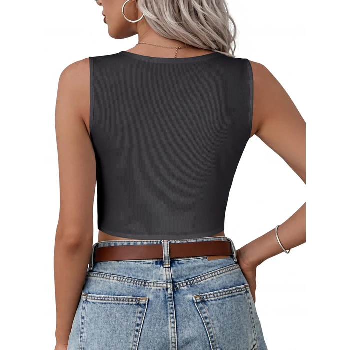 Vrtige Women's V Neck Twist Front Sleeveless Ribbed Knit Sexy Tank Crop Top Dark Grey X-Small by Vrtige - Image 5