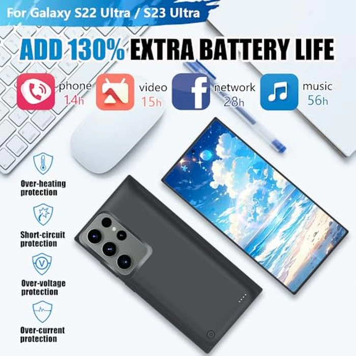 BAHOND [New] Battery Case for Samsung Galaxy S23 Ultra / S22 Ultra, 10000mAh Rechargeable Extended Battery Charging Charger Case, Add 130% Extra Juice (6.8 Inches) Black by BAHOND - Image 3