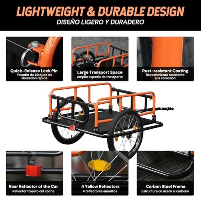 SEKAM Bike Cargo Trailer, 198 lbs Load Capacity, Foldable Bicycle Trailer with Reflectors & Universal Hitch, Heavy-Duty Utility Bike Cart for Camping & Shopping (Orange) by SEKAM - Image 3