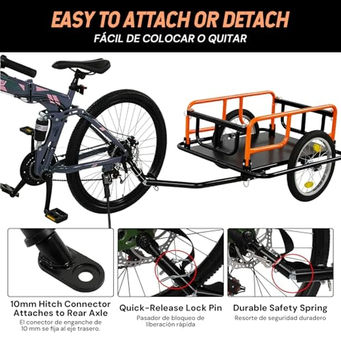 SEKAM Bike Cargo Trailer, 198 lbs Load Capacity, Foldable Bicycle Trailer with Reflectors & Universal Hitch, Heavy-Duty Utility Bike Cart for Camping & Shopping (Orange) by SEKAM - Image 5