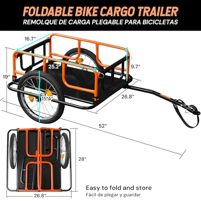 SEKAM Bike Cargo Trailer, 198 lbs Load Capacity, Foldable Bicycle Trailer with Reflectors & Universal Hitch, Heavy-Duty Utility Bike Cart for Camping & Shopping (Orange) by SEKAM - Image 7
