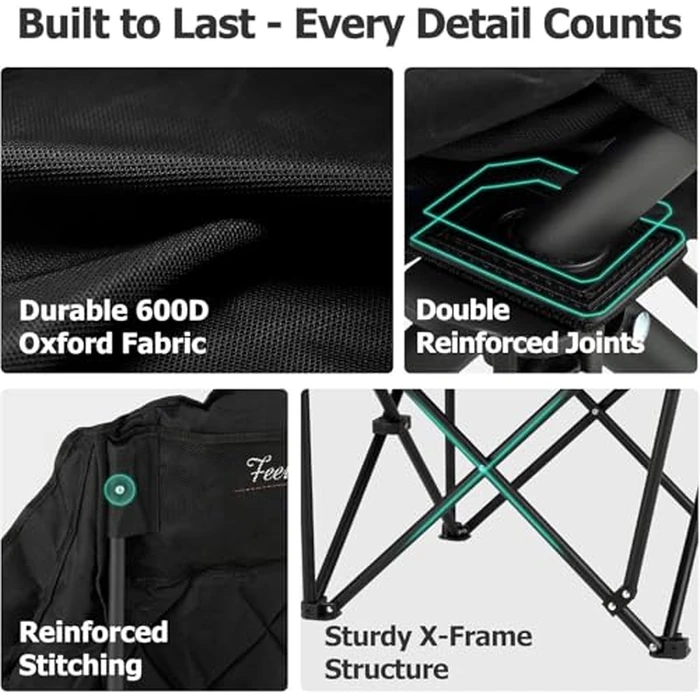 Overmont Oversized XL Camping Chair for Adults - 400lbs Support Heavy-Duty Padded Folding Chair with Side Pocket Cup Holder Cooling Bag for Outdoor Sports Garden Beach Fishing Lawn Black by Overmont - Image 7
