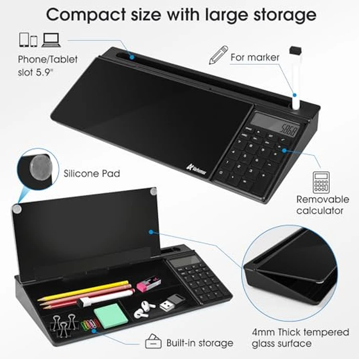 Varhomax Glass Desk Whiteboard Black with Calculator, Desktop Dry Erase White Board with Storage, to Do List Memo Notepad for Home and Office by Varhomax - Image 6