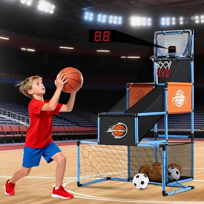 2 in 1 Basketball Arcade Game & Soccer Goal for Kids, Adjustable Kid Basketball Hoop with 6 Balls and Pump, Indoor Outdoor Games for Kid Toys for 3-12 Year Old Kids Birthday Gifts for Boys Girls by VROGTIK - Used - Very Good condition - US$44.41