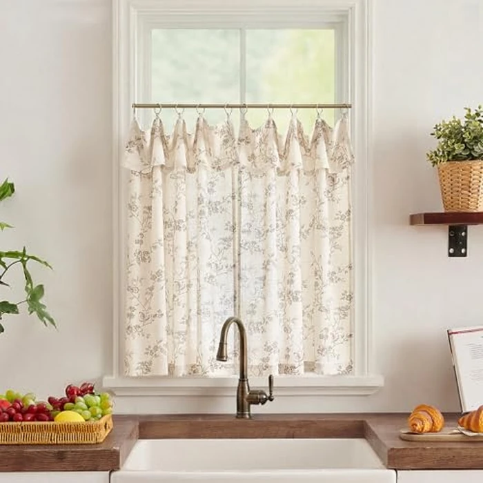 jinchan Floral Linen Kitchen Curtains with Attached Valance 36 Inch Length Farmhouse Cafe Tier Curtains for Living Room Bathroom Rustic Half Window Light Filtering Small Drapes 2 Panels Taupe by jinchan - Used - Like New condition - US$24.56