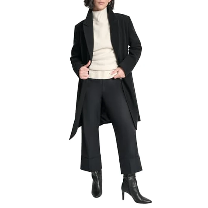 DKNY Women's Faux Wool Walker-Length Double-Breasted Coat - Long Tailored Winter Jacket, Black, S by DKNY - Used - Like New condition - US$49.71