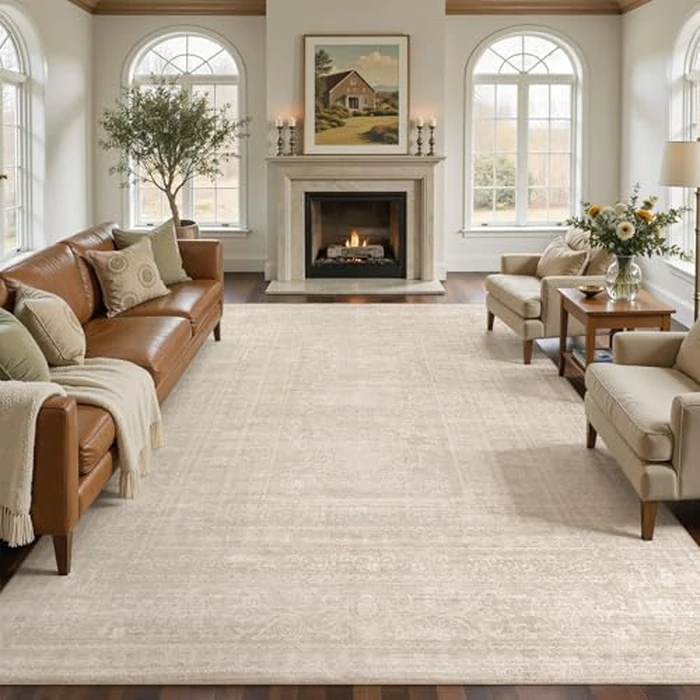 7x9 Area Rugs Living Room: Washable Large Vintage Beige Rug Neutral Non-Slip Soft Stain Resistant Indoor Carpet for Bedroom Nursery Dining Room Under Table Bed Home House Office Playroom by Nakagishi - Used - Like New condition