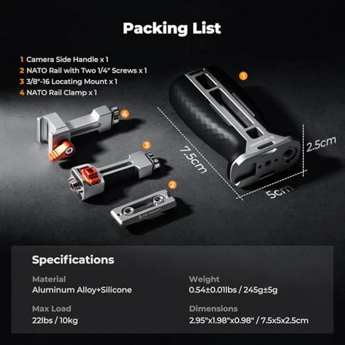 K&F CONCEPT NATO Side Handle with Universal Ergonomic Removable Grip Pad, NATO Rail & 3/8" Screw Dual Mount, 4cm Height Adjustable Built-in 1/4" & 3/8" Threads and Cold Shoe for Camera Cage by K&F CONCEPT - Image 7