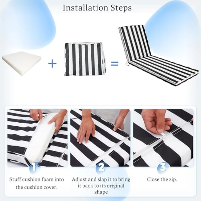 Iheqard Chaise Lounge Cushions Outdoor, 71"x22"x3" Patio Lounge Chair Furniture Cushions with Washable Covers for Pool, Patio, Lawn (Black+White Stripes, 1 Pcs) by Iheqard - Image 6