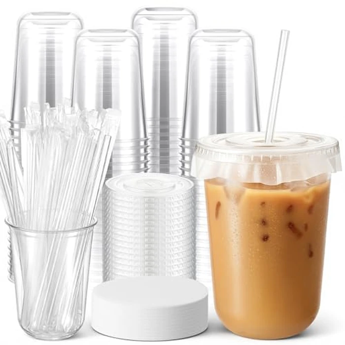 Ziliny 100 Sets Clear Plastic Cups with Lids, Straws, and Paper Cap Liners, Disposable Iced Coffee Cups Drinking Cup for Cold Drinks, Juice, Smoothie, Coffee Shops, Party, Christmas (16oz,Clear) by Ziliny - Used - Like New condition - US$16.46