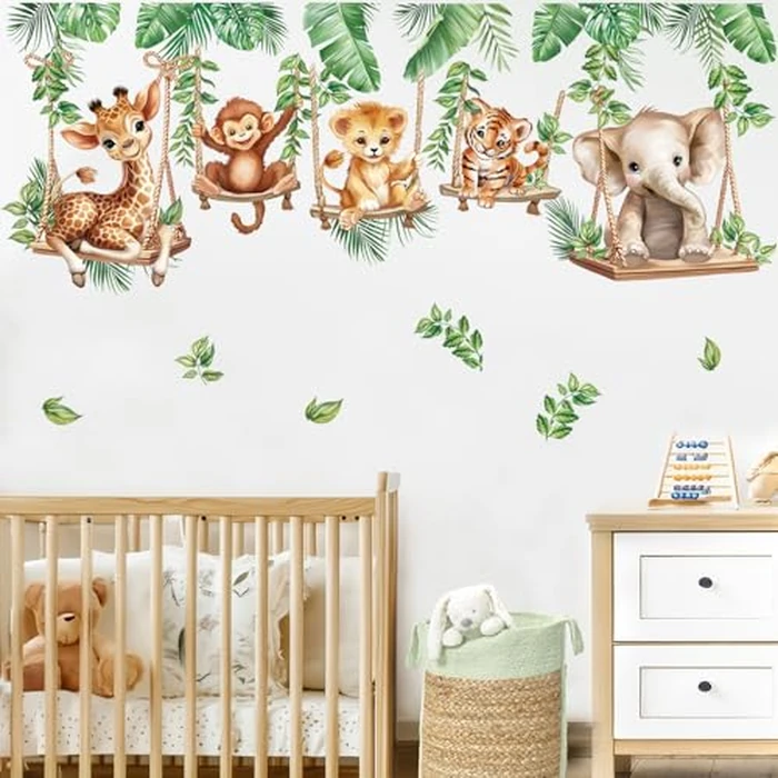 wondever Jungle Animal on Swings Wall Decals Lion Elephant Giraffe Tropical Leaves Peel and Stick Wall Art Stickers for Baby Room Kids Bedroom Nursery Wall Decor by wondever - Image 1