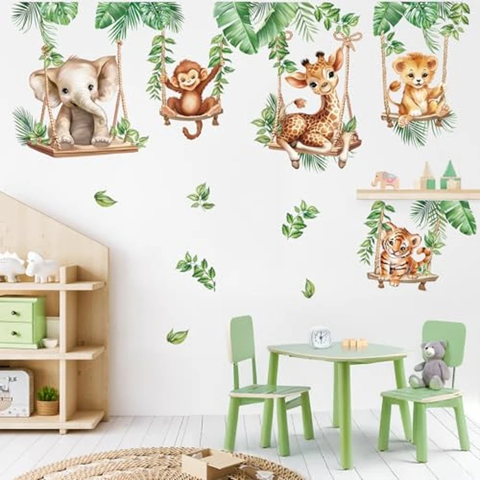 wondever Jungle Animal on Swings Wall Decals Lion Elephant Giraffe Tropical Leaves Peel and Stick Wall Art Stickers for Baby Room Kids Bedroom Nursery Wall Decor by wondever - Image 2