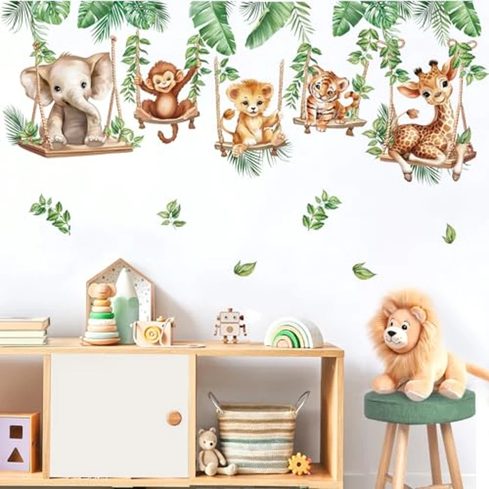 wondever Jungle Animal on Swings Wall Decals Lion Elephant Giraffe Tropical Leaves Peel and Stick Wall Art Stickers for Baby Room Kids Bedroom Nursery Wall Decor by wondever - Image 3