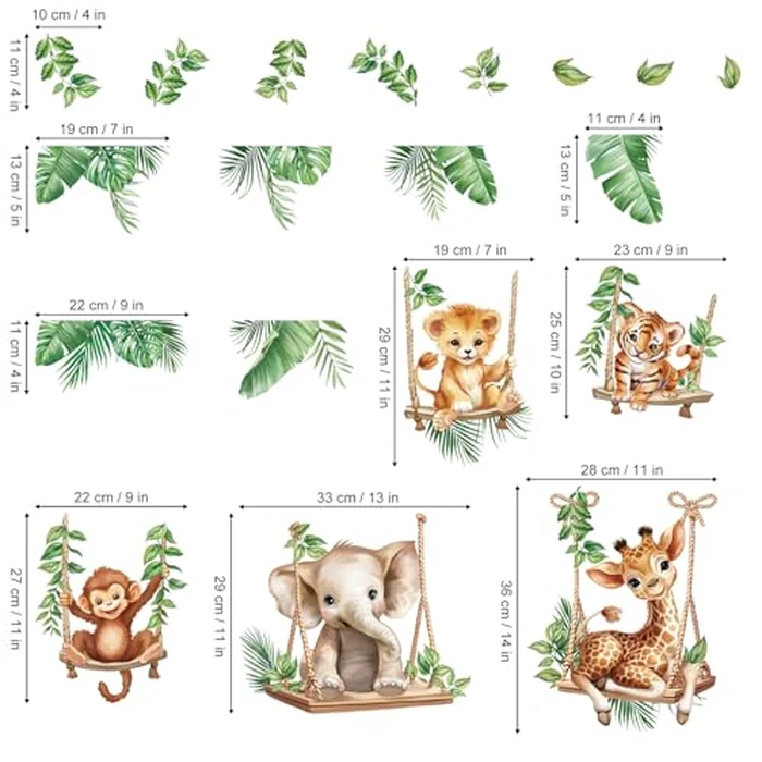 wondever Jungle Animal on Swings Wall Decals Lion Elephant Giraffe Tropical Leaves Peel and Stick Wall Art Stickers for Baby Room Kids Bedroom Nursery Wall Decor by wondever - Image 4