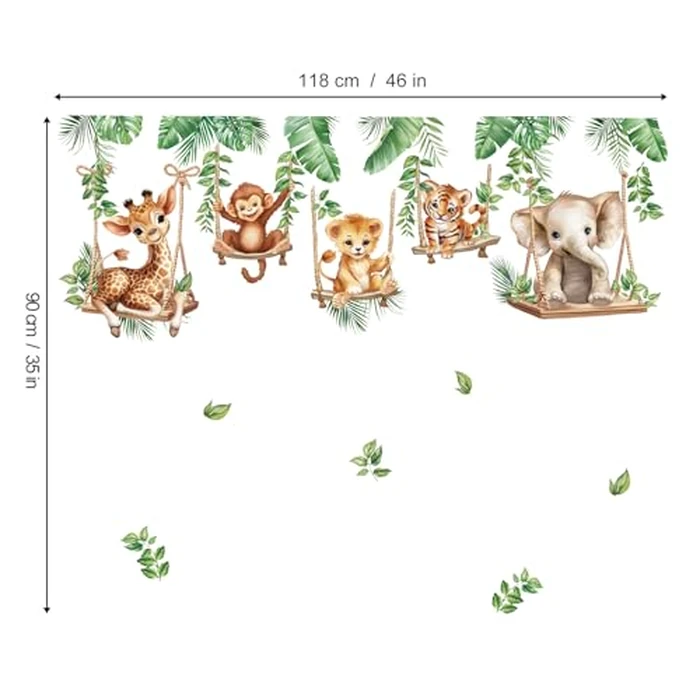 wondever Jungle Animal on Swings Wall Decals Lion Elephant Giraffe Tropical Leaves Peel and Stick Wall Art Stickers for Baby Room Kids Bedroom Nursery Wall Decor by wondever - Image 5
