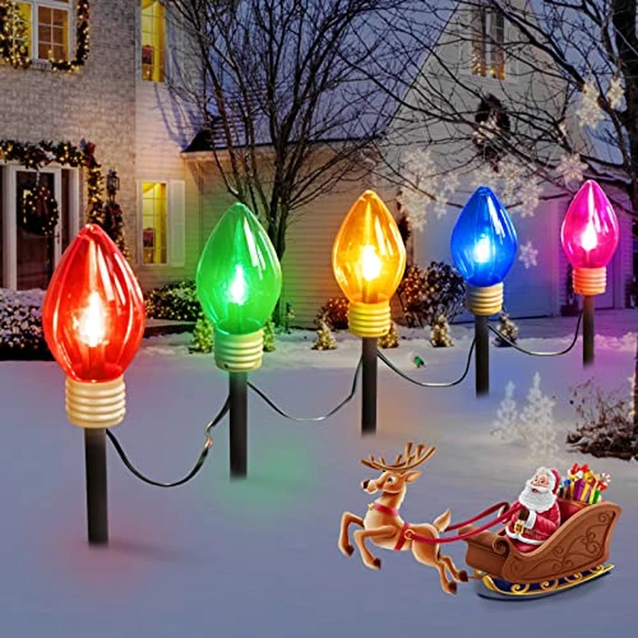 Jumbo C9 Christmas Pathway Lights Outdoor - 8.5 Feet 5 LED C9 Walkway Light, C7 Light Covered Jumbo Multicolor Bulb Christmas Lights Outdoor Decorations for Lawn Holiday Outside Yard Garden by Moonflor - Image 1
