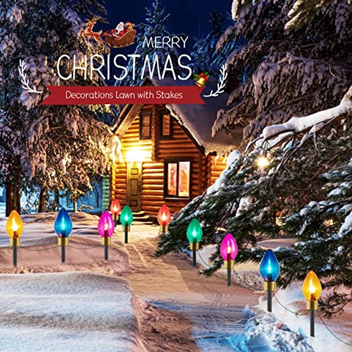 Jumbo C9 Christmas Pathway Lights Outdoor - 8.5 Feet 5 LED C9 Walkway Light, C7 Light Covered Jumbo Multicolor Bulb Christmas Lights Outdoor Decorations for Lawn Holiday Outside Yard Garden by Moonflor - Image 3