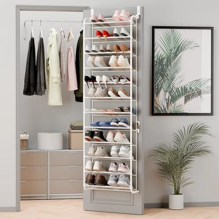 Whitmor 36 Pair Over The Door Shoe Organizer, 12 Tier Hanging Shoe Organizer, Heavy Duty Metal & Mesh Shoe Holder, Hanging Shoe Rack for Closet Organizer & Storage, 69"L x 21.7"W x 7.5"H, Matt White by Whitmor - Used - Good condition