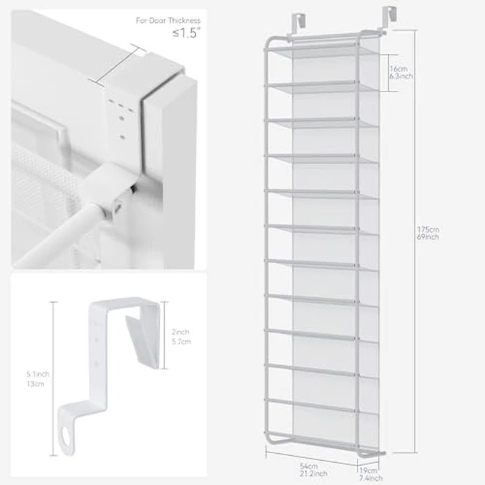 Whitmor 36 Pair Over The Door Shoe Organizer, 12 Tier Hanging Shoe Organizer, Heavy Duty Metal & Mesh Shoe Holder, Hanging Shoe Rack for Closet Organizer & Storage, 69"L x 21.7"W x 7.5"H, Matt White by Whitmor - Image 2