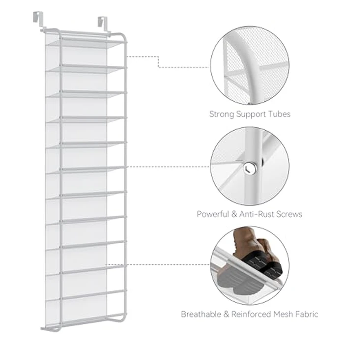 Whitmor 36 Pair Over The Door Shoe Organizer, 12 Tier Hanging Shoe Organizer, Heavy Duty Metal & Mesh Shoe Holder, Hanging Shoe Rack for Closet Organizer & Storage, 69"L x 21.7"W x 7.5"H, Matt White by Whitmor - Image 3