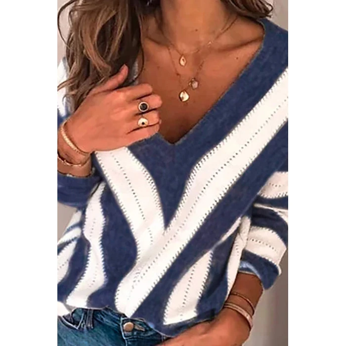 ANCAPELION Women’s V Neck Sweater Pullover Winter Casual Sweatshirt Long Sleeve Cozy Knitted Jumper Tops Loose Fit Blue Medium by ANCAPELION - Image 3