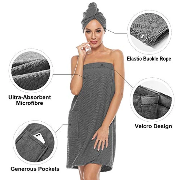 ROSYLINE Bath Towel for Women Towel Wrap with Hair Drying&Adjustable Closure Grey S/M by ROSYLINE - Image 2