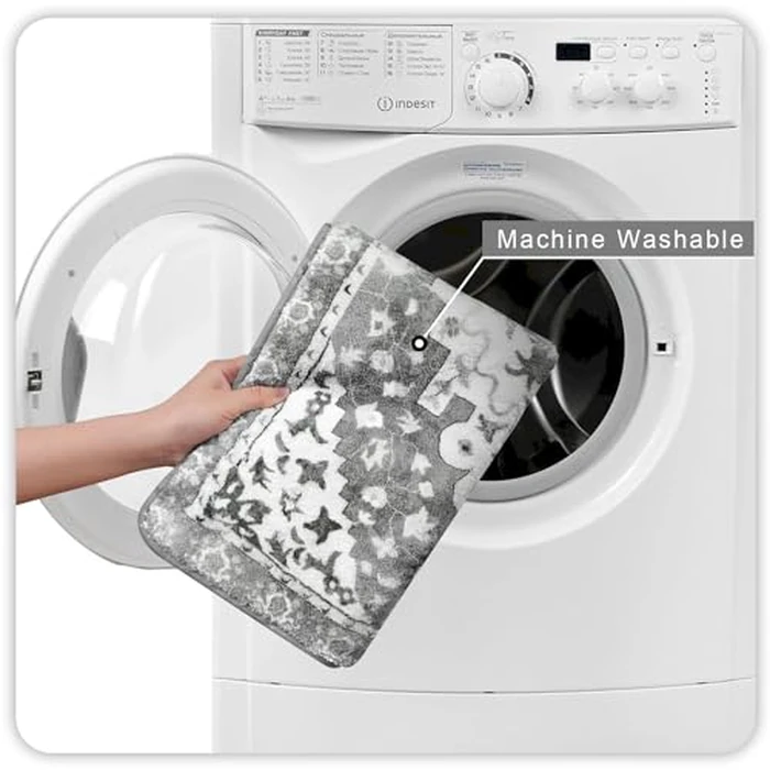 Uphome Boho Vintage 3 Piece Bathroom Rug Set Gray Non-Slip Soft Long Bathroom Rugs with U-Shaped Contour Toilet Rug Machine Washable Oriental Floral Bath Mat for Toilet Tub Shower by Uphome - Image 4