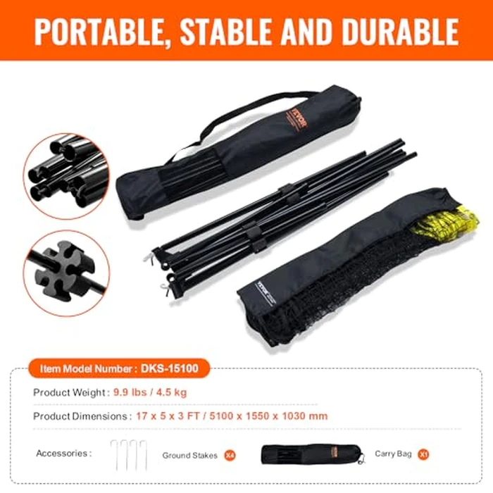 VEVOR Badminton Net, Height Adjustable Volleyball Net, 17ft Wide Foldable Pickleball Net, Portable Easy Setup Tennis Net Set with Poles, Stand and Carry Bag, for Kids Backyard Game Indoor Outdoor Use by VEVOR - Image 7