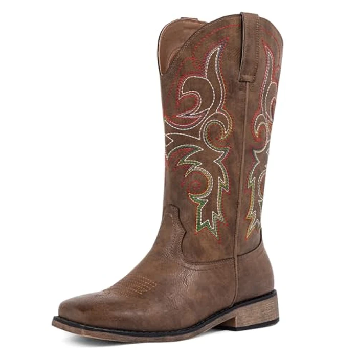 SheSole Women's Wide Calf Cowboy Boots, Stylish Square Toe Cowgirl Boots with Padded Insole, Embroidered Mid Calf Boots for Country Music Festivals & Weddings, Brown US 9 by SheSole - Used - Like New condition