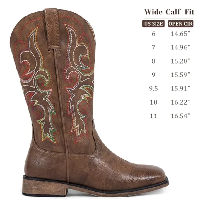 SheSole Women's Wide Calf Cowboy Boots, Stylish Square Toe Cowgirl Boots with Padded Insole, Embroidered Mid Calf Boots for Country Music Festivals & Weddings, Brown US 9 by SheSole - Image 5