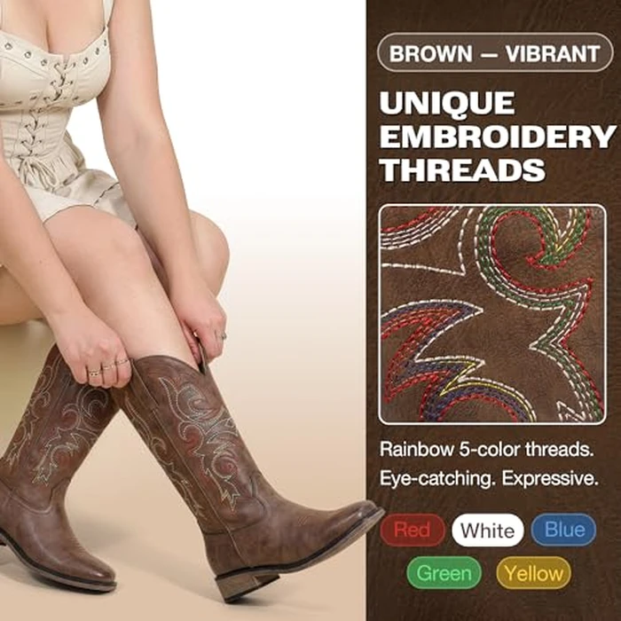 SheSole Women's Wide Calf Cowboy Boots, Stylish Square Toe Cowgirl Boots with Padded Insole, Embroidered Mid Calf Boots for Country Music Festivals & Weddings, Brown US 9 by SheSole - Image 6