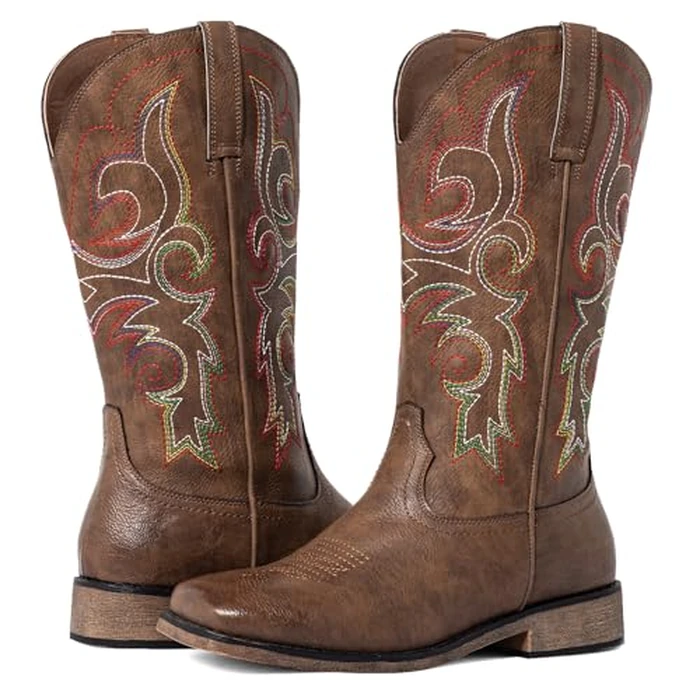 SheSole Women's Wide Calf Cowboy Boots, Stylish Square Toe Cowgirl Boots with Padded Insole, Embroidered Mid Calf Boots for Country Music Festivals & Weddings, Brown US 9 by SheSole - Image 9
