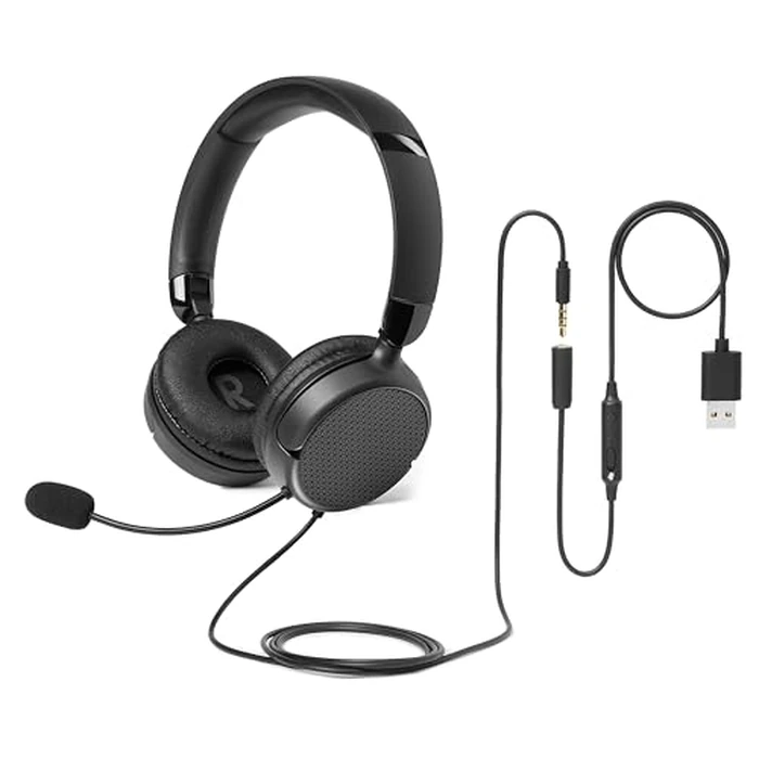 Amazon Basics On Ear Wired Computer Headset with Adjustable Microphone, 3.5mm Port or in Line Control with USB-A Port, Foldable, Small/Medium Size, Black by Amazon Basics - Used - Acceptable condition