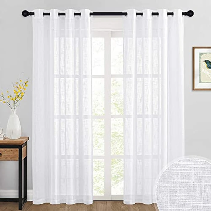 RYB HOME Semi Sheer Curtains 84 inches Long - Linen Textured White Curtains Privacy Large Window Decor for Living Room Bedroom Dining, W 52" x L 84", 2 Panels by RYB HOME - Image 1