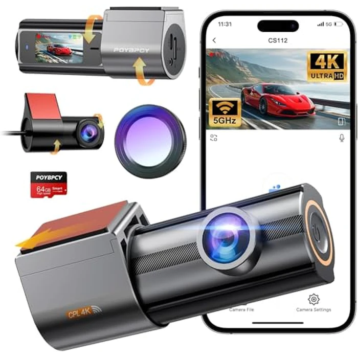 Dash Cam Front and Rear Built-in 5GHz WiFi, Dual Dash Cam with CPL Filter, 64GB SD Card, 1.47" IPS DashCam with App Control, 360 degreesRotation, Night Vision, WDR, 24H Parking Mode, G-Sensor, Loop Recording by POYBPCY - Used - Very Good condition