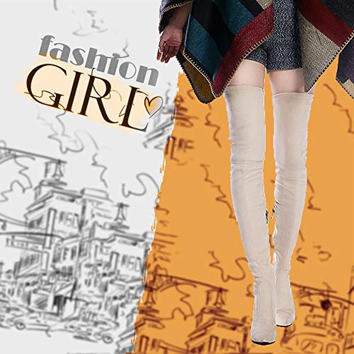 Shoe'N Tale Women Stretch Suede Chunky Heel Over The Knee Boots Thigh High for Women (8.5,Nude) by Shoe'N Tale - Image 2